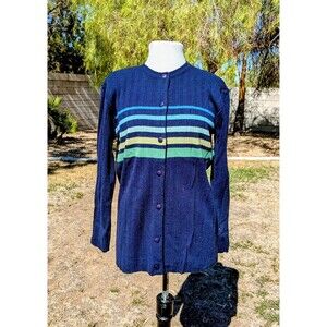 VTG Adolfo Navy Striped Lamb's Wool/Acrylic Cardigan Sweater Button-Up EUC